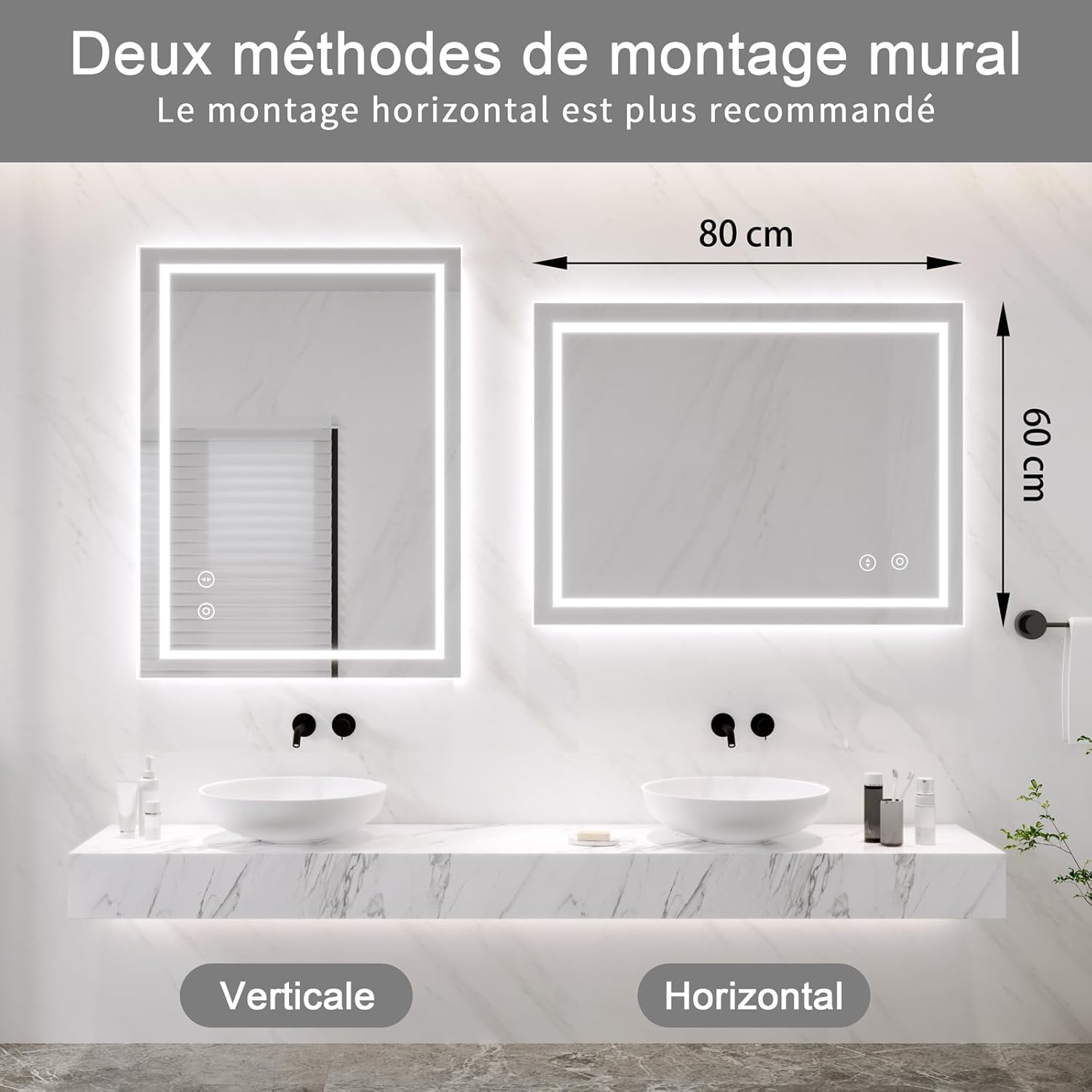 Miroir de salle de bain éclairé 60x80 cm : l'élégance et la praticité pour un espace lumineux et sans buée – Image 6