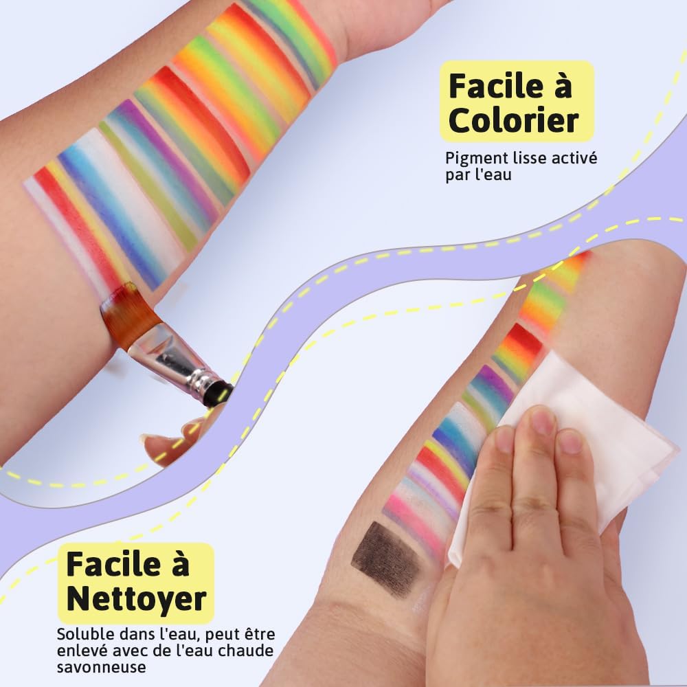 Palette de maquillage enfant : 34 couleurs fluorescentes UV pour des fêtes inoubliables Idéale pour carnaval, Halloween et anniversaires, ce kit inclut 3 pinceaux pour une créativité sans limites – Image 8