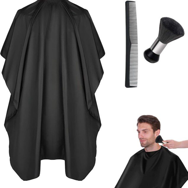 Cap professionnelle de coiffure : élégance et protection pour femmes en salon   Cap de coiffure noire 140x100cm avec brosse de cou et peigne, idéale pour un service impeccable