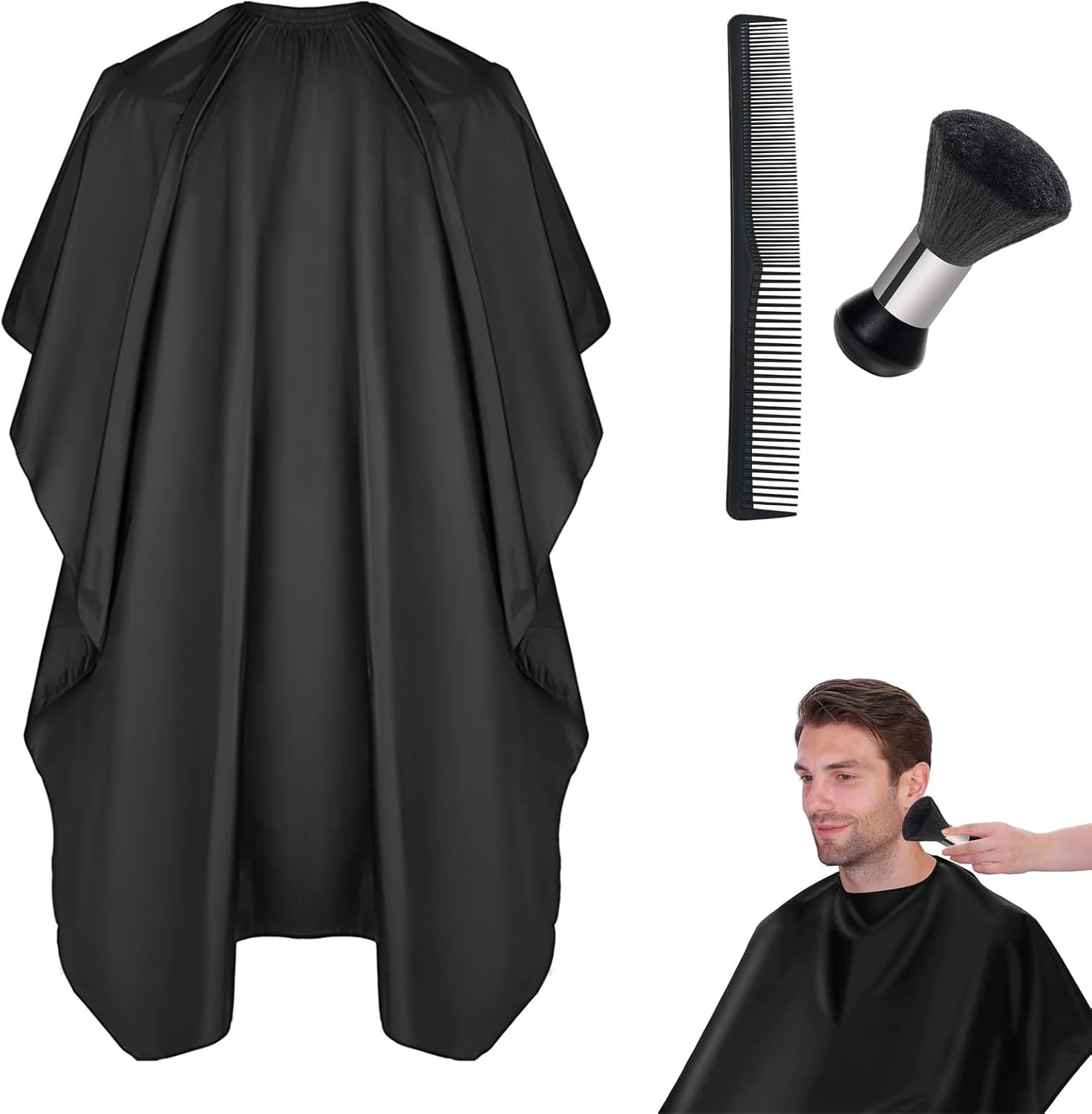 Cap professionnelle de coiffure : élégance et protection pour femmes en salon   Cap de coiffure noire 140x100cm avec brosse de cou et peigne, idéale pour un service impeccable