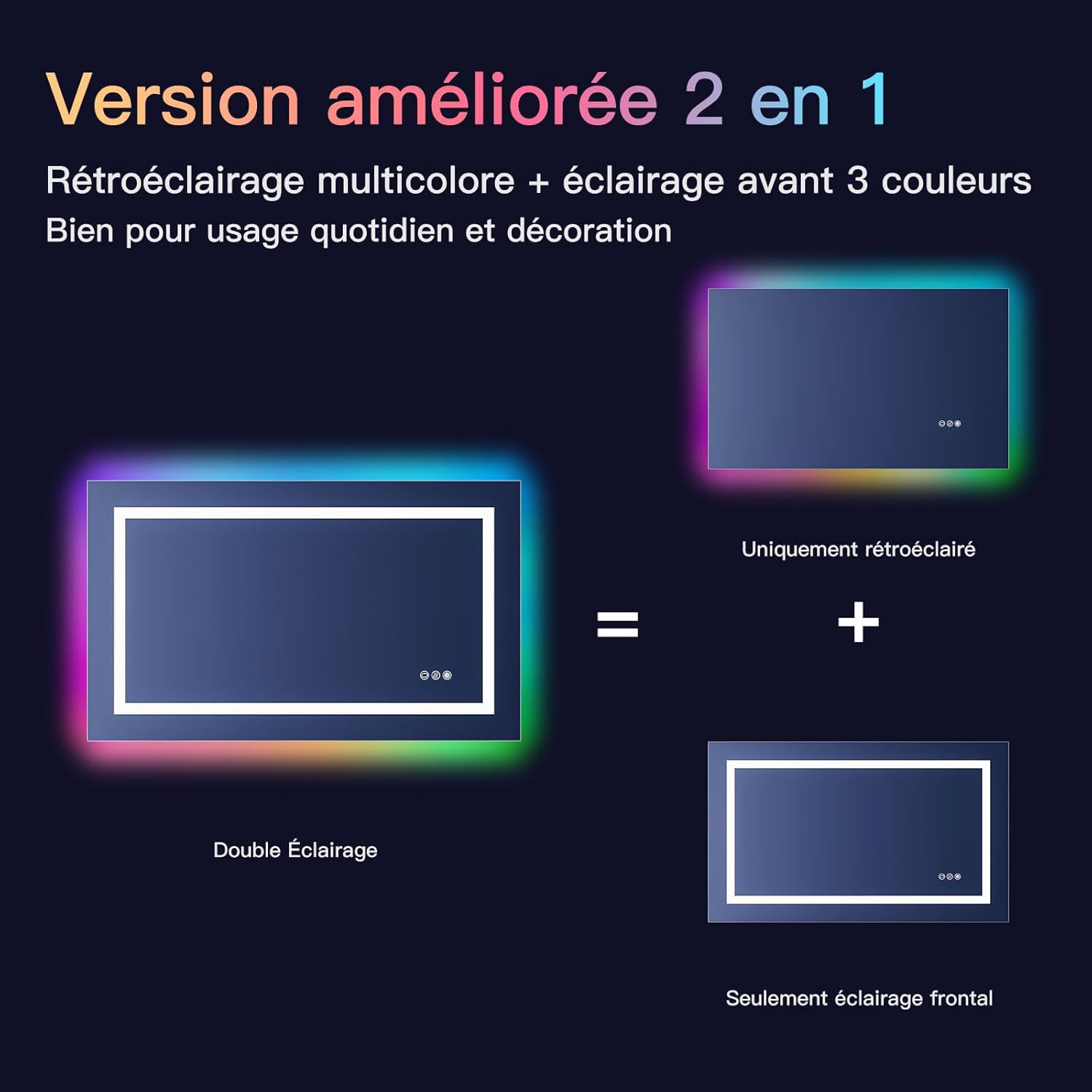 Miroir LED anti-buée 100x60 cm : l'élégance pour votre salle de bain avec éclairage RGB multicolore – Image 5