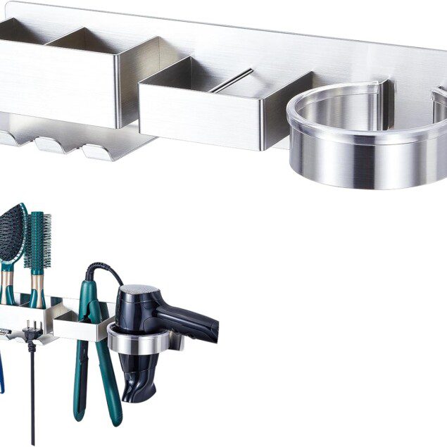 Support sèche cheveux mural en acier inoxydable : rangement pratique pour coiffeurs et particuliers
