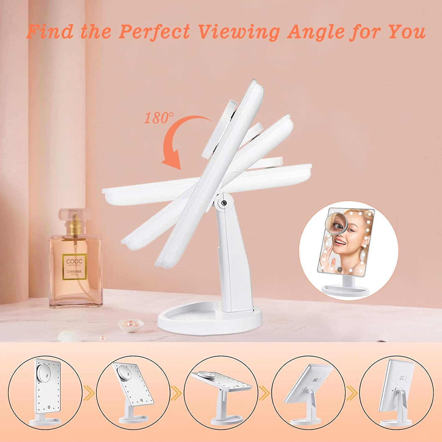 Miroir de maquillage avec lumières : la touche élégante pour les voyages et la courtoisie Optimisé pour les passionnées de beauté, ce miroir de table à 21 lumières LED et écran tactile offre un agrandissement 10x et une rotation libre à 180°, pour un maquillage parfait en toutes circonstances. – Image 3