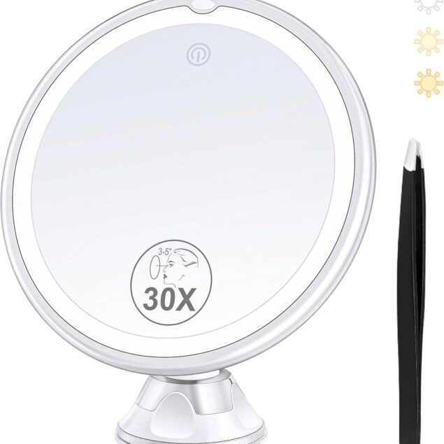 Miroir de maquillage grossissant 30X pour un maquillage parfait : lumière ajustable et 3 modes de couleurs pour sublimer votre beauté