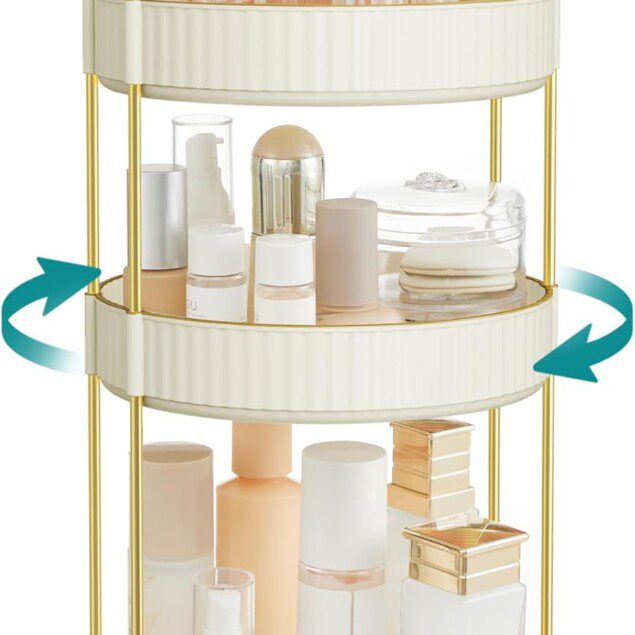 Organisateur maquillage rotatif : rangement élégant pour les passionnées de beauté   Optimisez votre espace avec cet accessoire pratique et esthétique, parfait pour la salle de bain ou la chambre à coucher
