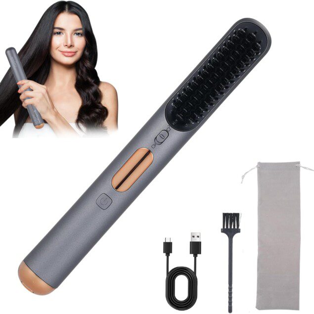 Brosse lissante pour cheveux : fer à lisser sans fil 9000mAh avec chauffage rapide et 3 réglages de température Découvrez le peigne 2 en 1 à ions négatifs, pratique et anti-brûlure pour un coiffage impeccable en un temps record
