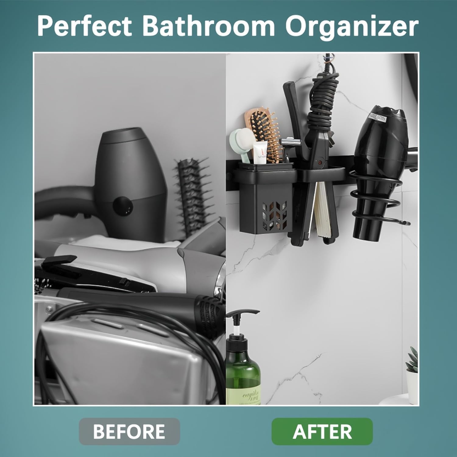 Support mural pour sèche-cheveux et fer à lisser : l'organiseur multifonction idéal pour salle de bain, gain de place et rangement pratique en noir – Image 3