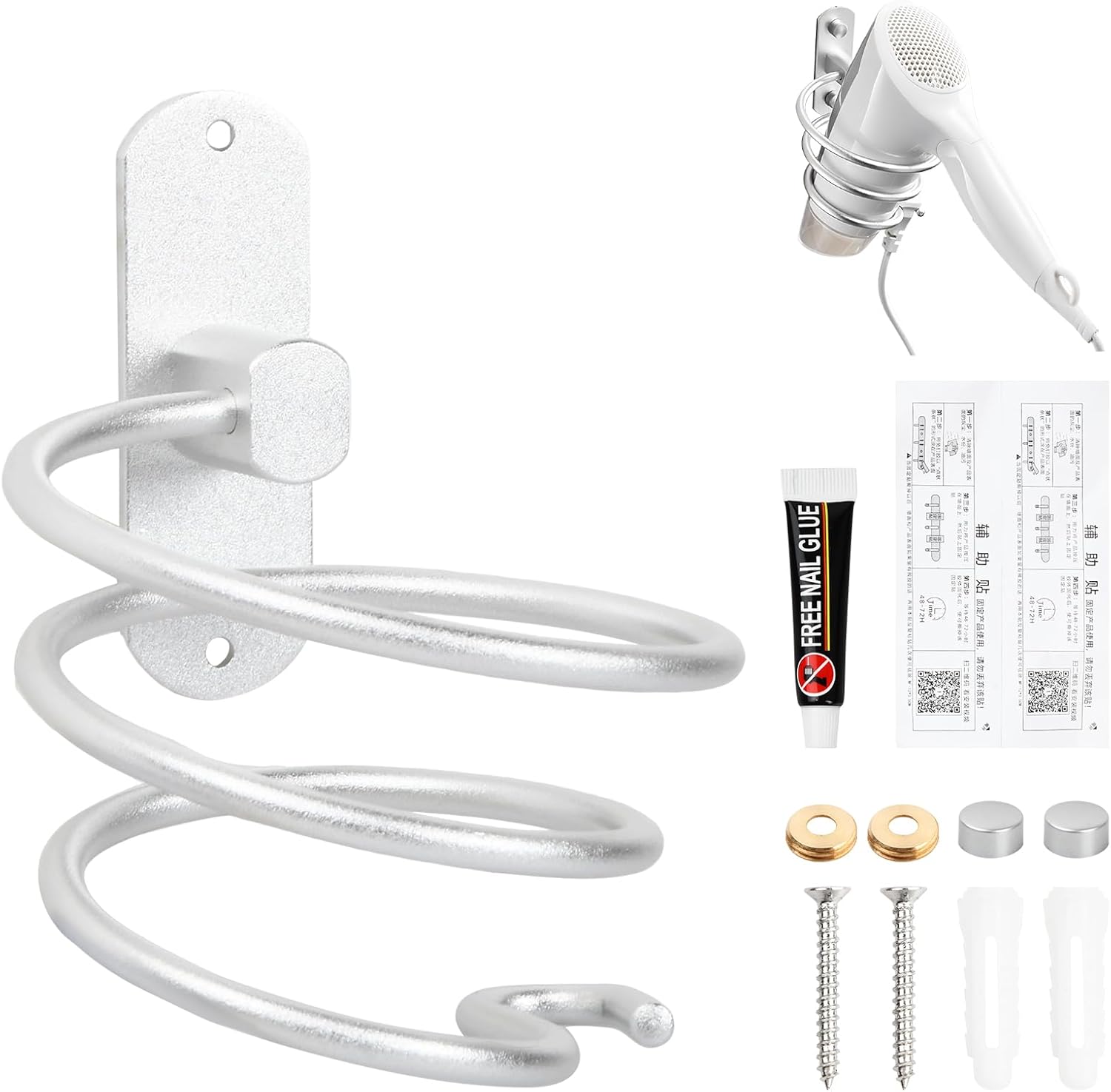 Porte sèche cheveux mural en aluminium : support spirale élégant pour salle de bain et salon de coiffure