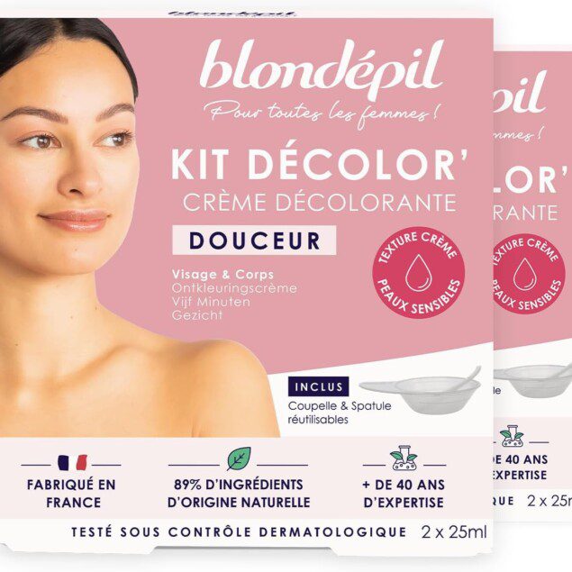 Crèmes décolorantes douceur : le duo idéal pour peaux sensibles  Découvrez notre lot de 2 crèmes décolorantes visage et corps, riches en 89% d'ingrédients d'origine naturelle, pour un traitement délicat et efficace des poils indésirables. Fabriquées en France, ces crèmes sont parfaites pour un épilateur doux et respectueux de votre peau.