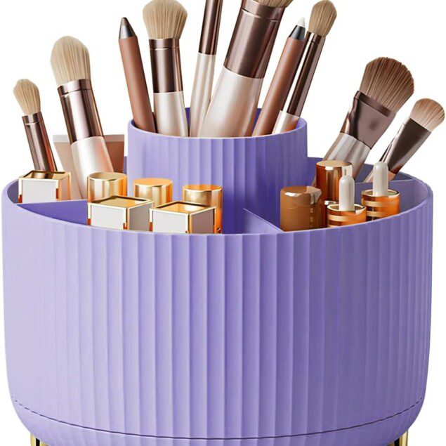 Rangement maquillage de grande capacité : organisateur rotatif à 360° pour coiffeuse et salle de bains   Optimisez votre espace avec cet élégant rangement violet, idéal pour les passionnées de maquillage