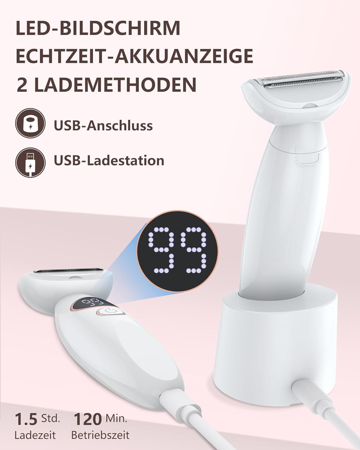 Rasoir électrique femme 3-en-1 : épilation douce et précise pour bikini, aisselles et jambes Profitez d'une autonomie de 120 minutes et d'un affichage LED pour une utilisation facile et efficace – Image 6