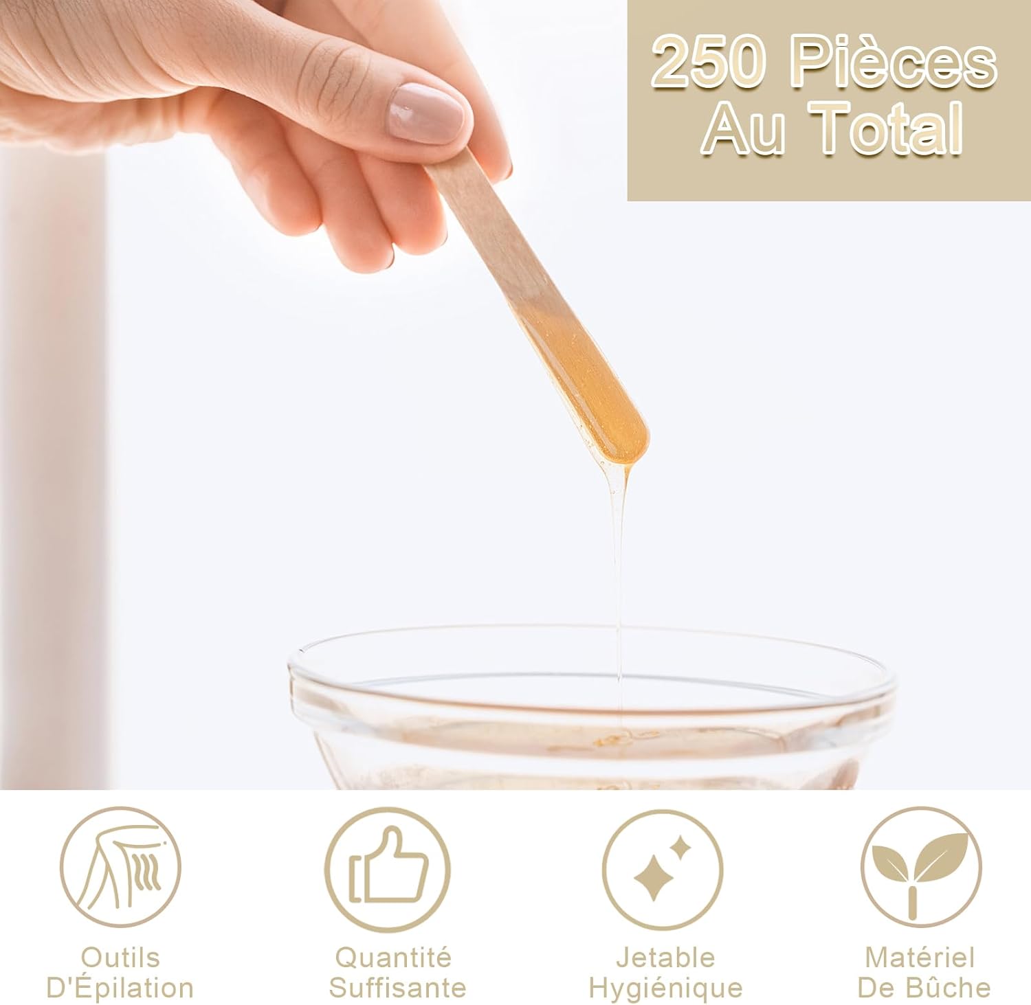 Spatules à épilation en bois : 250 pièces pour un épilateur expert à domicile Idéales pour le visage, le corps et les lèvres, ces spatules jetables offrent une application précise et confortable pour une peau douce et soyeuse. – Image 3