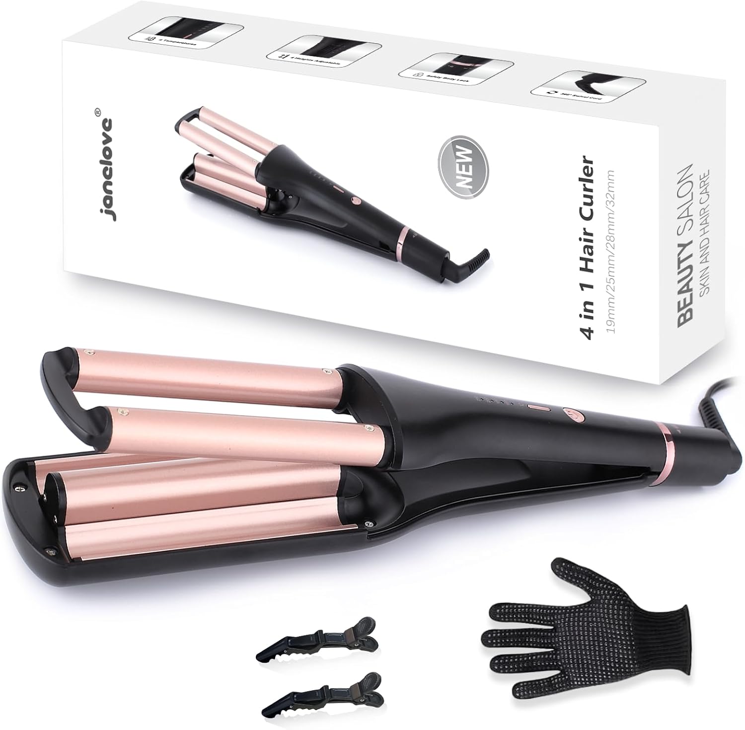 Fer à friser pour cheveux : le fer à boucler 4 en 1 pour des vagues de plage élégantes et naturelles   Idéal pour toutes les occasions, de 160 °C à 210 °C, pour des coiffures glamours et durables