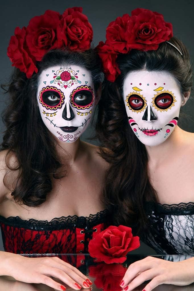 Tatouage temporaire du visage : 8 autocollants de crâne de sucre pour un maquillage Halloween captivant – Image 3