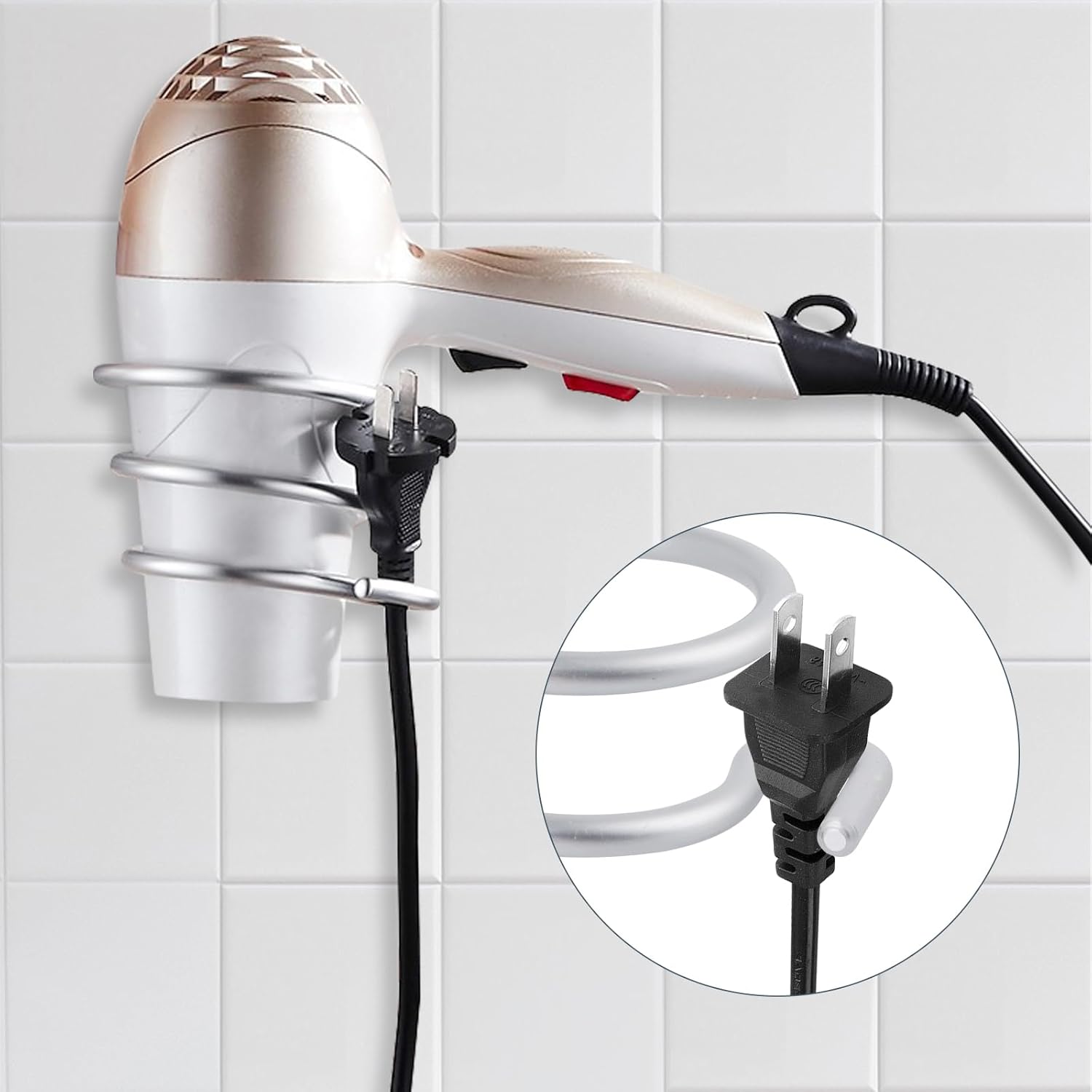 Porte sèche cheveux mural en aluminium : support spiralé idéal pour la salle de bain et la cuisine Optimisez votre espace avec ce support élégant et pratique pour un rangement facile – Image 2