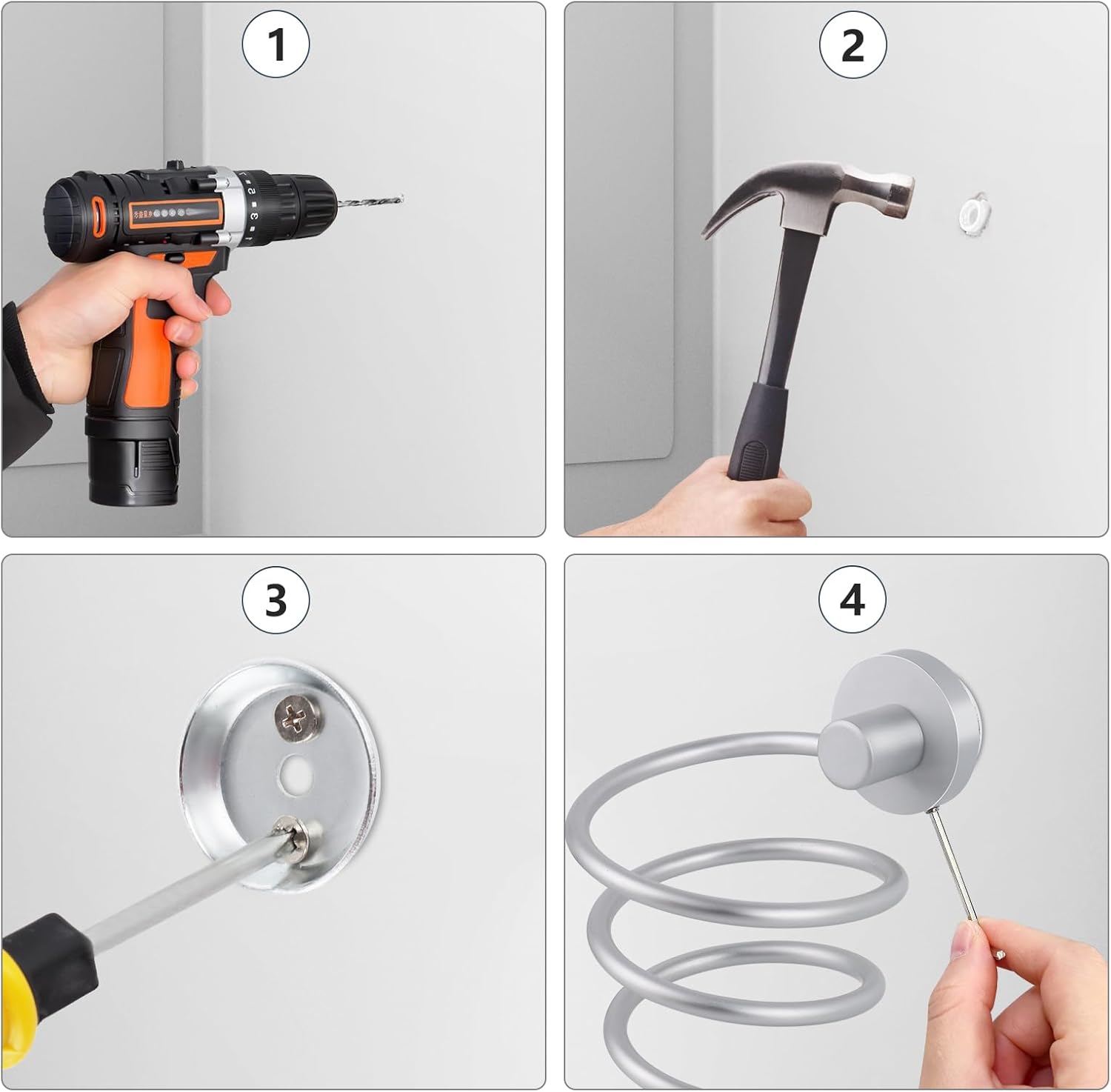 Porte sèche cheveux mural en aluminium : support spiralé idéal pour la salle de bain et la cuisine Optimisez votre espace avec ce support élégant et pratique pour un rangement facile – Image 4