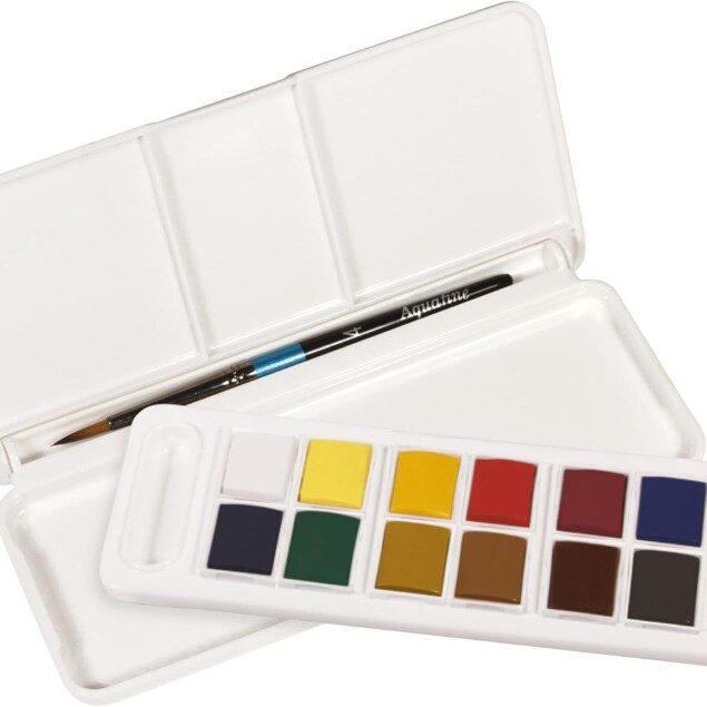 Aquarelle en voyage : set de 12 demi-godets et pinceau pour artistes nomades
