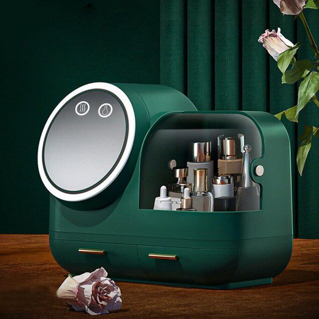 Organisateur de maquillage élégant : rangement cosmétique avec miroir LED pour un dressing impeccablement rangé Boîte de rangement pratique avec chargement USB, idéale pour la salle de bain et la chambre à coucher - un cadeau parfait en vert