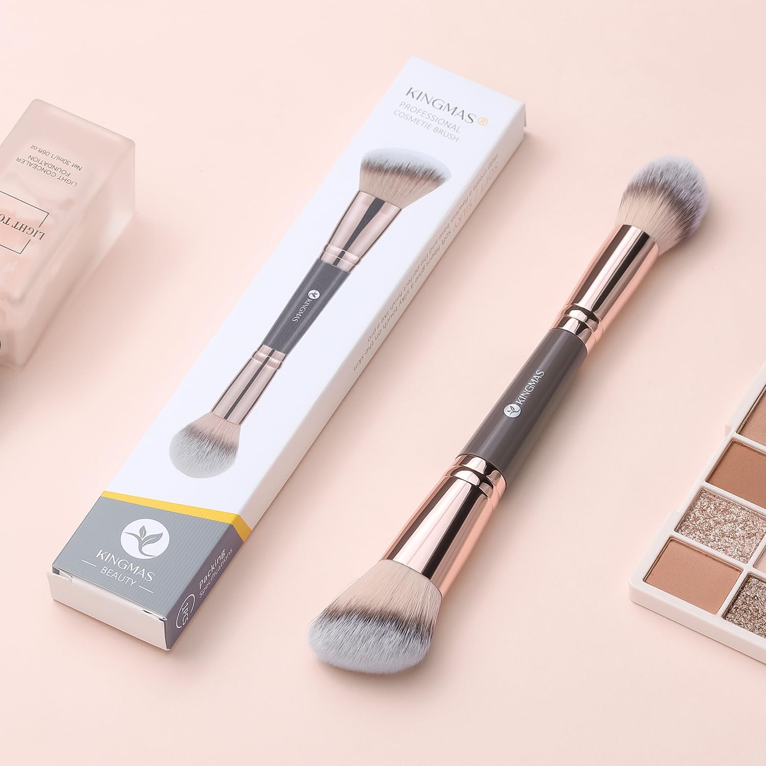 Pinceau de maquillage à double extrémité marron : l’outil idéal pour un teint parfait Pour les passionnées de beauté, idéal pour appliquer fond de teint, poudre, crème anti-cernes et blush – Image 7