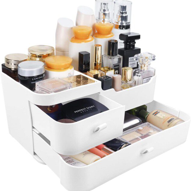 Organisateur de maquillage blanc : rangement élégant pour les passionnées de beauté avec deux tiroirs pratiques