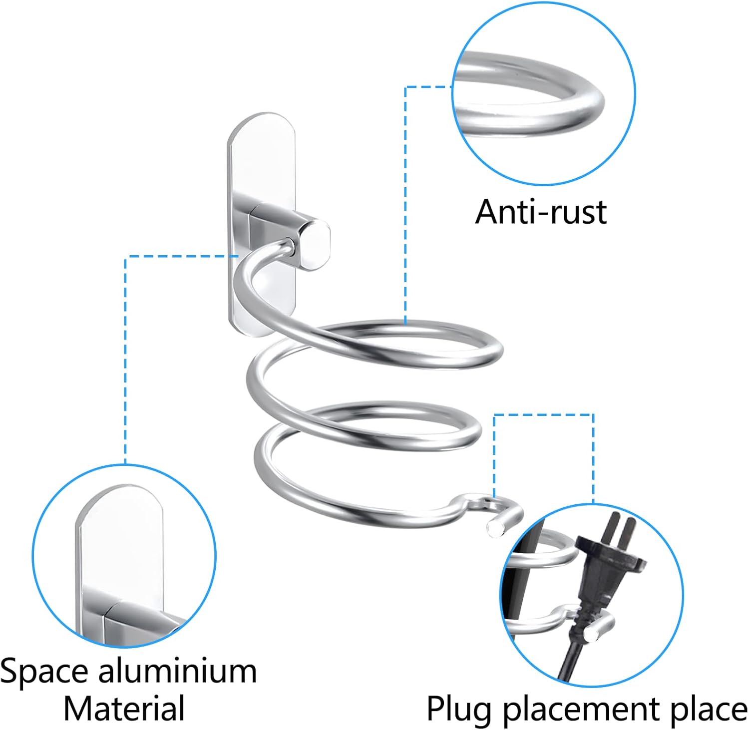 Porte sèche cheveux en spirale : support mural élégant pour la salle de bain et la cuisine Optimisez votre espace avec ce support en aluminium, facile à installer sans perçage, qui garde vos appareils de coiffure à portée de main tout en ajoutant une touche de style à votre décoration. – Image 6