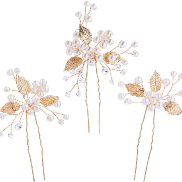 Pince à cheveux de mariage : 3 pièces en perles et feuilles pour les mariées et les demoiselles d'honneur