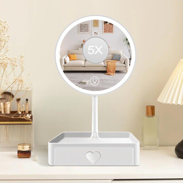 Miroir sur pied pour maquillage : grossissant 5X avec tiroir, lumière rechargeable et réglable, idéal pour votre chambre à coucher