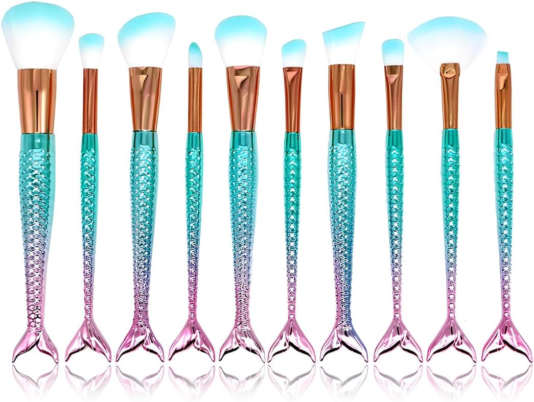 Lot de 10 pinceaux de maquillage sirène : l'outil idéal pour femmes soucieuses de leur beauté