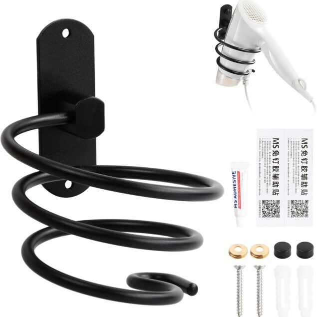 Support sèche cheveux mural en aluminium noir : idéal pour salle de bain et salon de coiffure   Optimisez votre espace avec un porte sèche cheveux en forme spirale, facile à installer sans poinçon