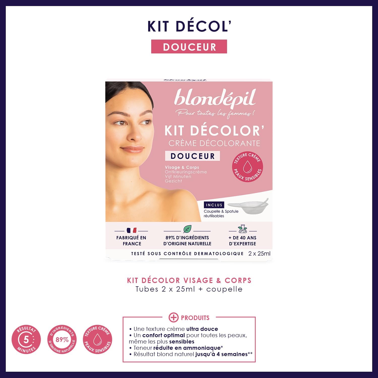 Crèmes décolorantes douceur : le duo idéal pour peaux sensibles Découvrez notre lot de 2 crèmes décolorantes visage et corps, riches en 89% d'ingrédients d'origine naturelle, pour un traitement délicat et efficace des poils indésirables. Fabriquées en France, ces crèmes sont parfaites pour un épilateur doux et respectueux de votre peau. – Image 2