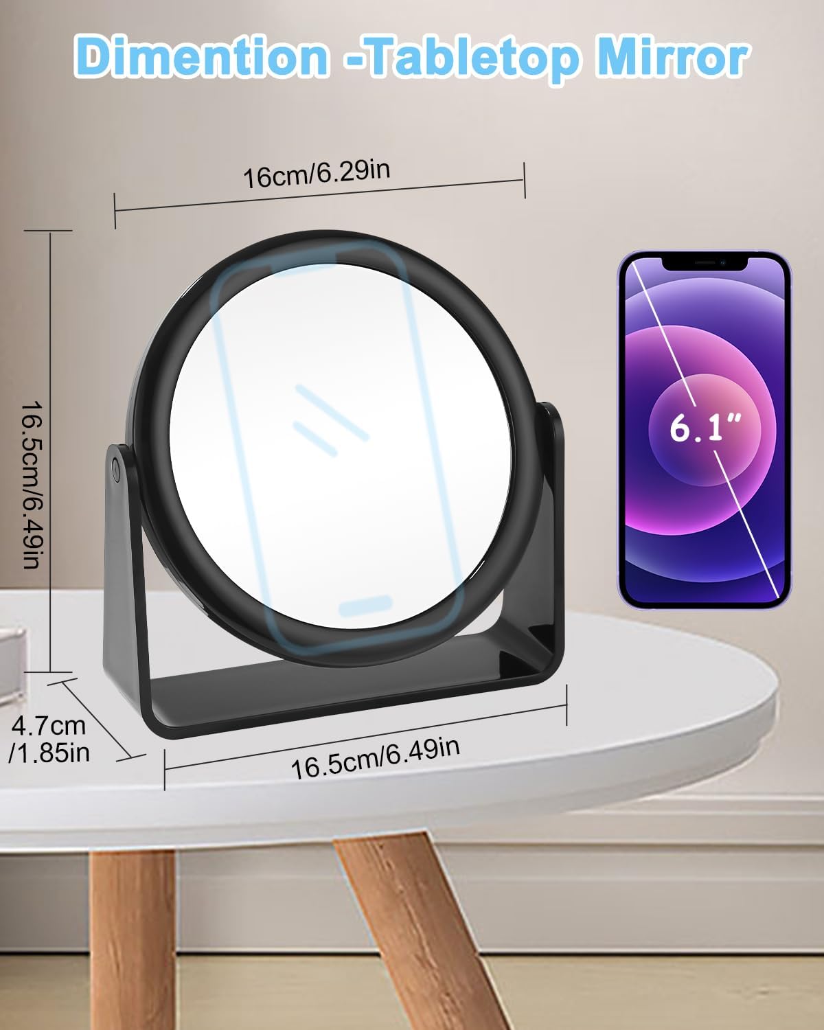 Miroir de table noir : miroir grossissant double face pour un maquillage parfait avec rotation à 360° – Image 2
