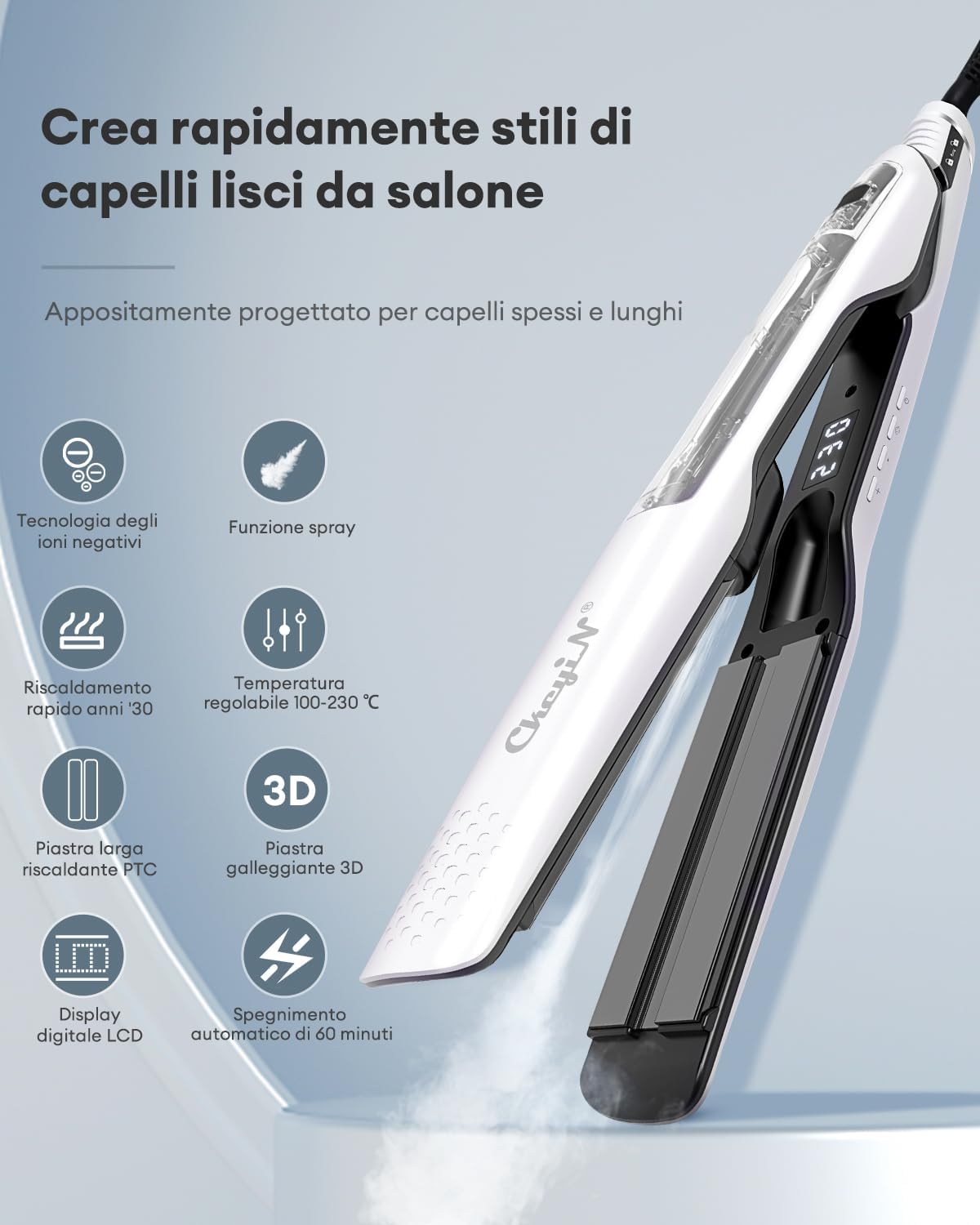 Fer à lisser à vapeur : le choix idéal pour des coiffures lisses et brillantes Découvrez le fer plat à large plaque en céramique de 1,6 pouces avec écran LCD, idéal pour les femmes pressées souhaitant un coiffage rapide et sécurisé grâce à son arrêt automatique après 60 minutes. – Image 7