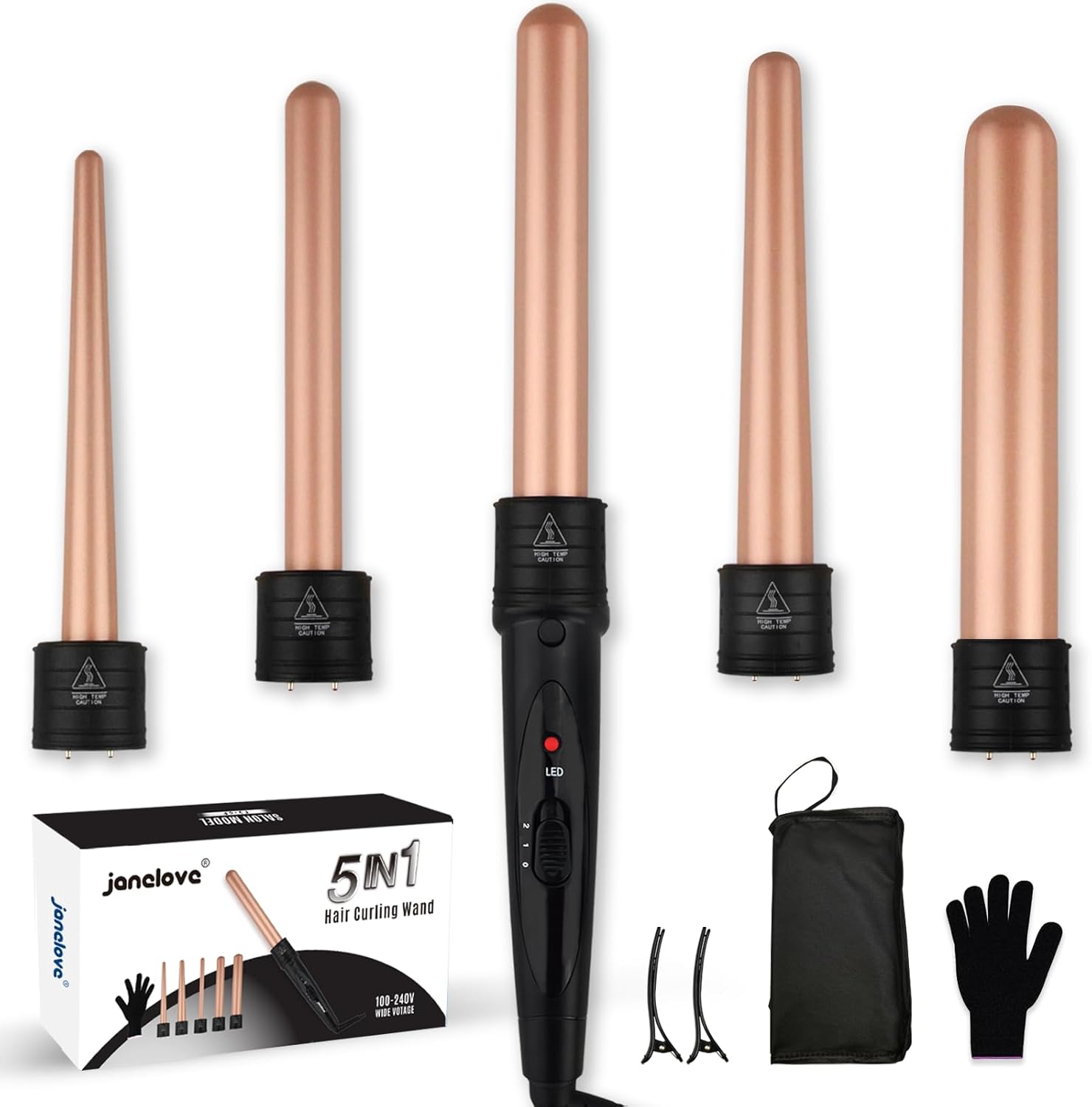 Fer à boucler 5 en 1 : l’outil essentiel pour des coiffures élégantes et variées Pour les passionnées de coiffure, ce boucleur céramique de 10 à 32 mm allie performance et style, avec des températures réglables de 150°C à 210°C, un gant de protection et des accessoires pratiques inclus.