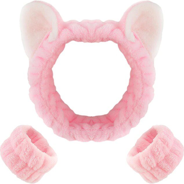 Bandeaux Spa et Bracelets : lot de 3 accessoires mignons pour un lavage du visage agréable Optimisez votre routine beauté avec ces oreilles de chat en polaire élastique