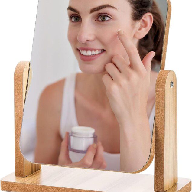 Miroir cosmétique en bois sur pied à 360° : l’accessoire essentiel pour un maquillage parfait dans votre salle de bain