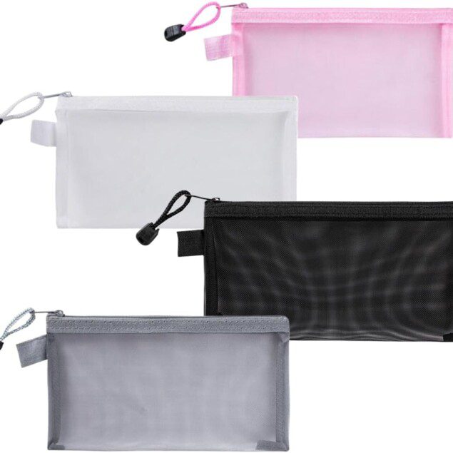 Trousse à crayons transparentes en lot de 4 : l'accessoire idéal pour les étudiants et les professionnels Optimisez votre organisation avec ces pochettes zippées en nylon mesh, parfaites pour le bureau, l'école ou les voyages