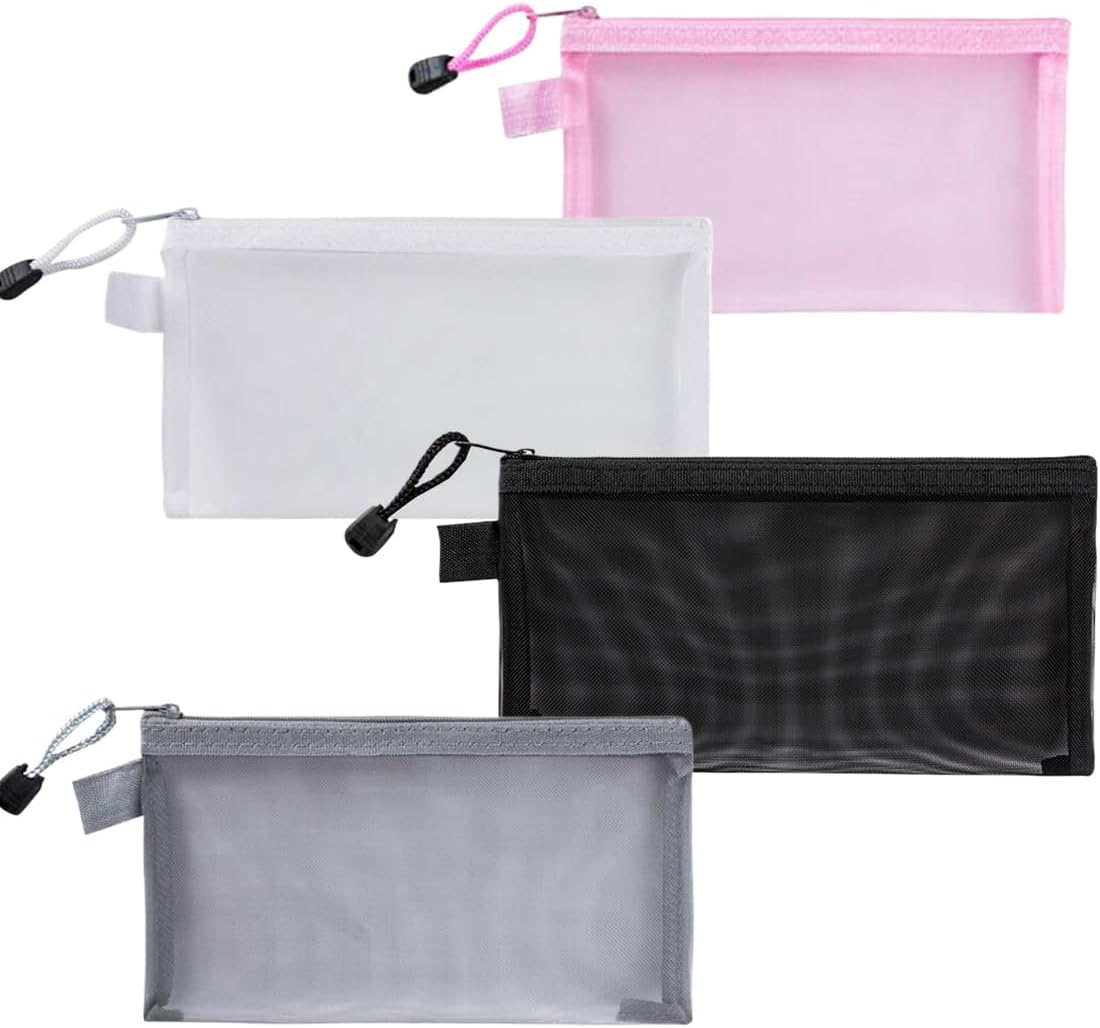 Trousse à crayons transparentes en lot de 4 : l'accessoire idéal pour les étudiants et les professionnels Optimisez votre organisation avec ces pochettes zippées en nylon mesh, parfaites pour le bureau, l'école ou les voyages