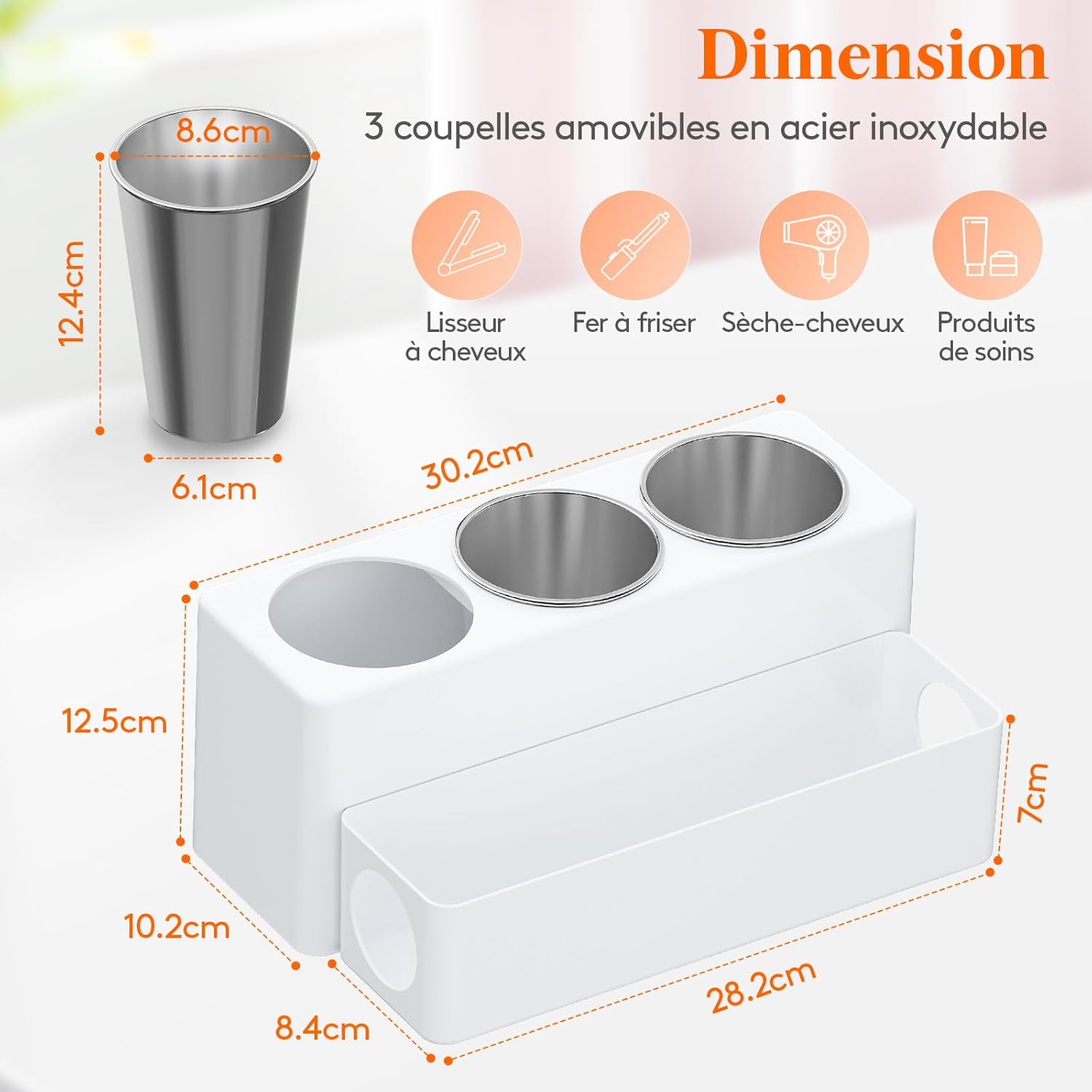 Support pour sèche-cheveux et fer à lisser : rangement élégant pour salle de bain Organisateur pratique en blanc pour une coiffeuse toujours rangée – Image 2