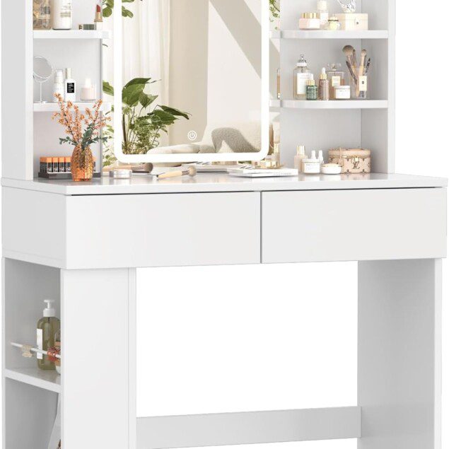 Coiffeuse moderne pour fille : table de maquillage avec miroir LED et rangement optimisé