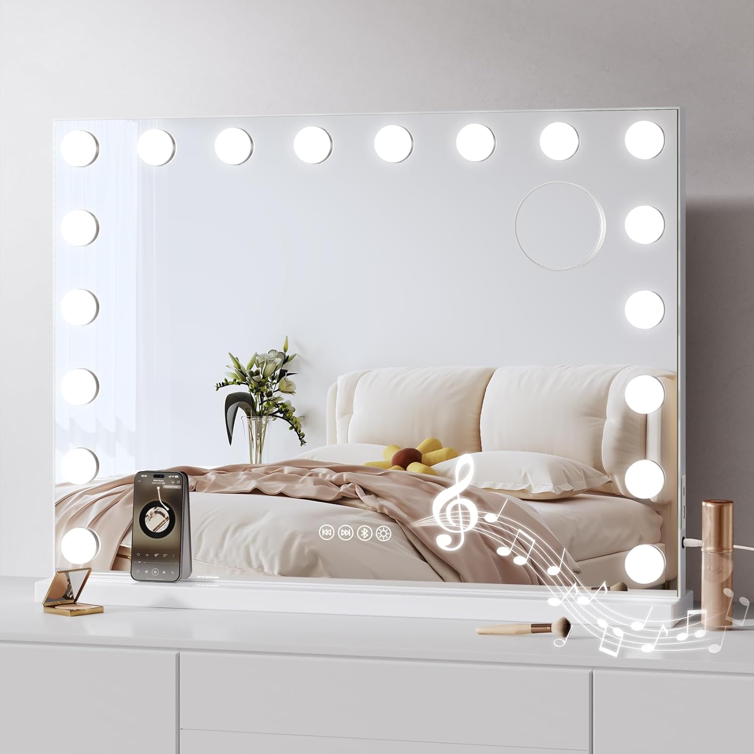 Miroir maquillage lumineux pour les passionnées de beauté : 18 ampoules LED, contrôle tactile et connectivité Bluetooth