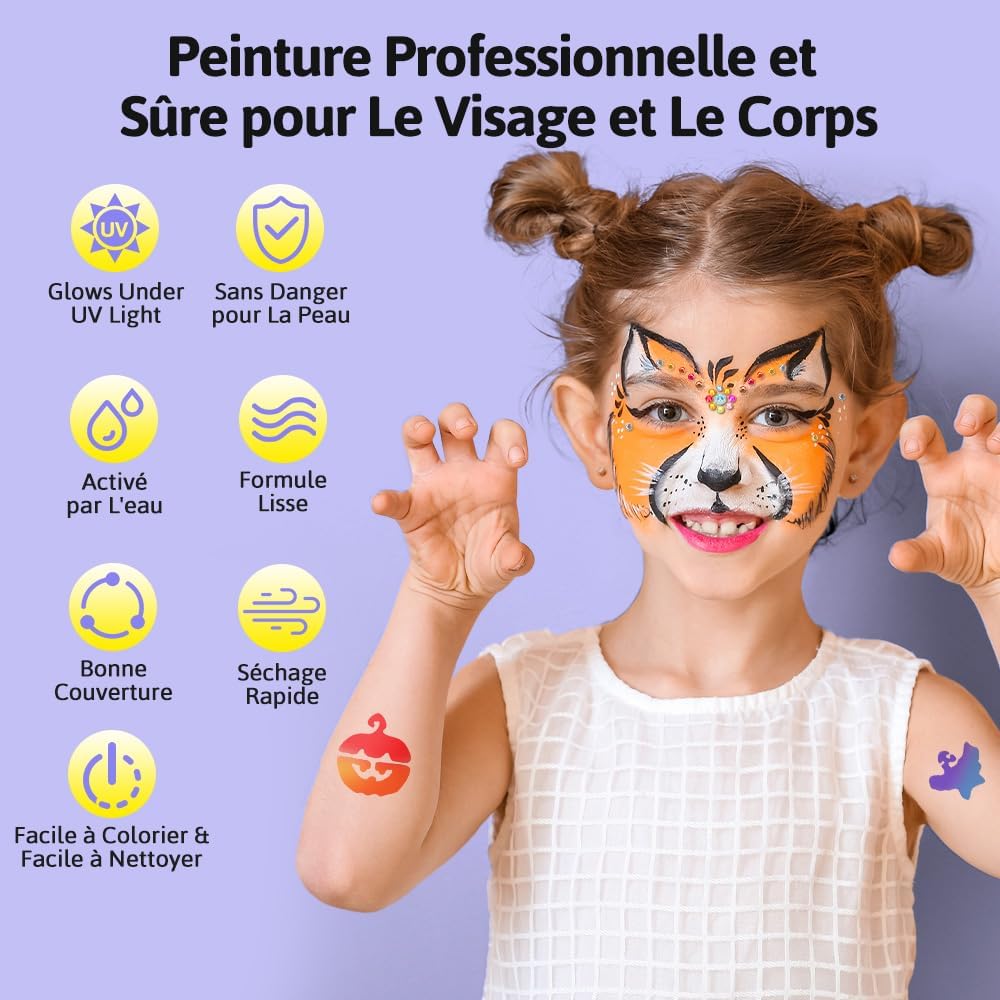 Palette de maquillage enfant : 34 couleurs fluorescentes UV pour des fêtes inoubliables Idéale pour carnaval, Halloween et anniversaires, ce kit inclut 3 pinceaux pour une créativité sans limites – Image 2