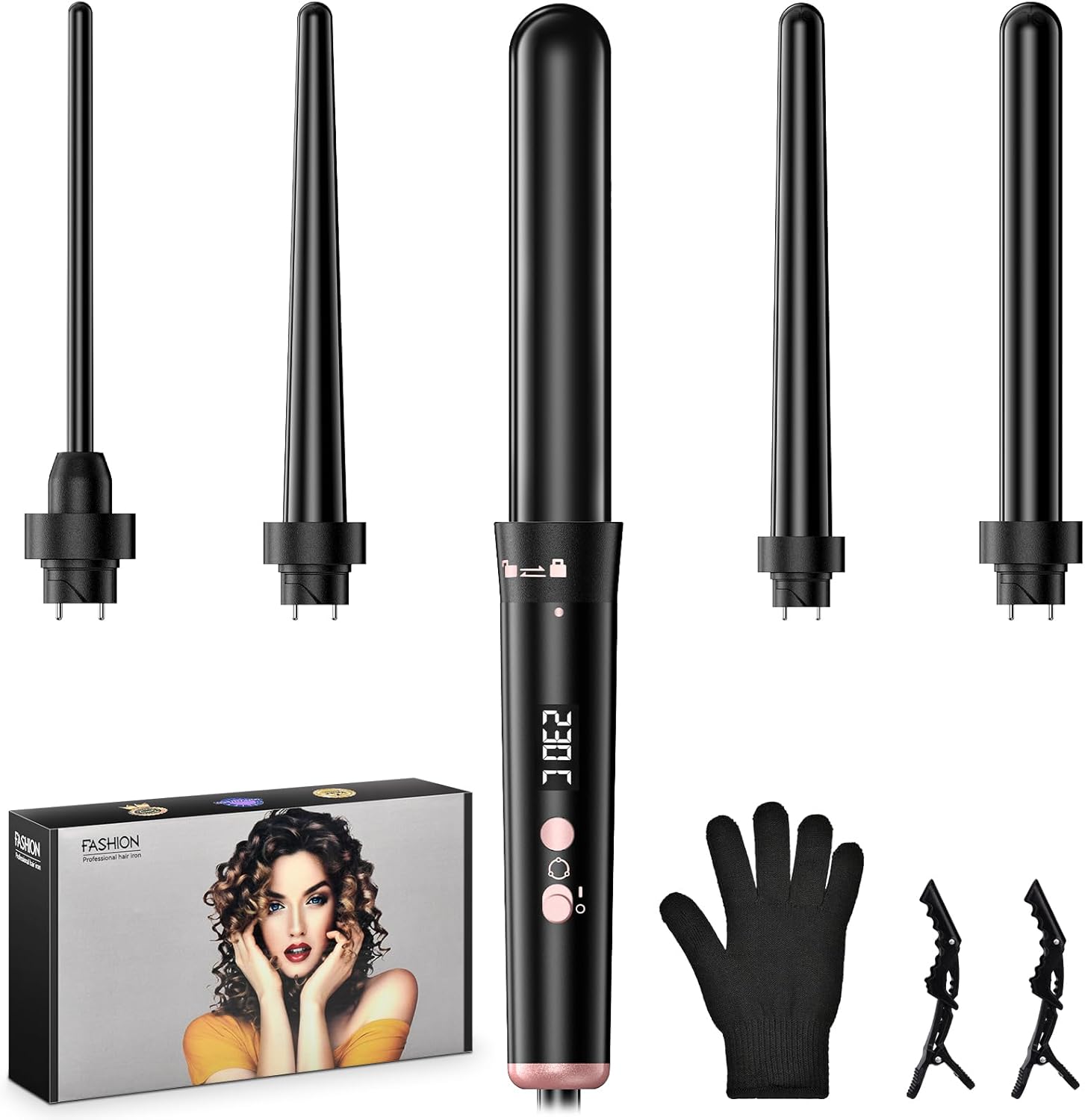 Onftrym : boucleur à cheveux 5 en 1 pour sublimer toutes les coiffures Découvrez le boucleur céramique avec écran LCD, réglable de 160℃ à 230℃, idéal pour les cheveux longs, courts ou fins, accompagné de gants et clips pour un coiffage en toute sécurité.