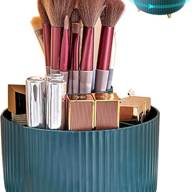 Organisateur maquillage rotatif : le rangement idéal pour vos cosmétiques en couleur cyan   Optimisez votre espace beauté avec cet élégant support multifonctionnel pour crayons cosmétiques