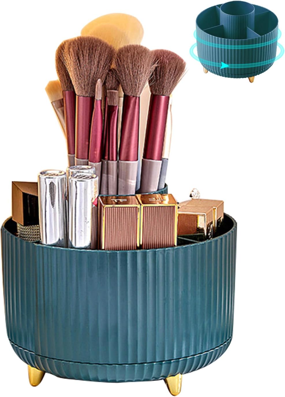 Organisateur maquillage rotatif : le rangement idéal pour vos cosmétiques en couleur cyan Optimisez votre espace beauté avec cet élégant support multifonctionnel pour crayons cosmétiques