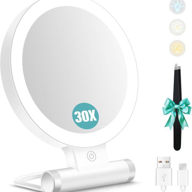 Miore grossissant double face 1X/30X pour un maquillage parfait : lumière ajustable et compact pour les voyages