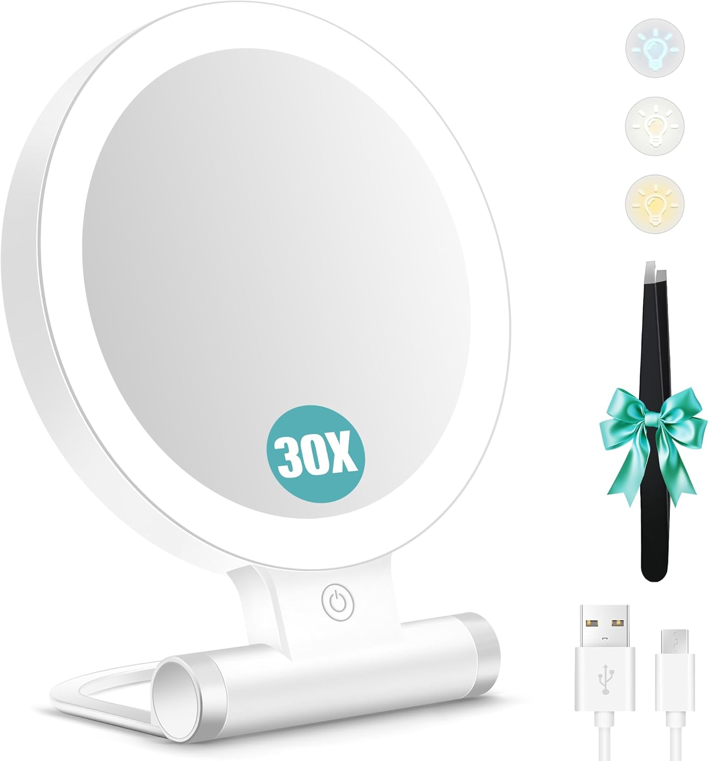Miore grossissant double face 1X/30X pour un maquillage parfait : lumière ajustable et compact pour les voyages
