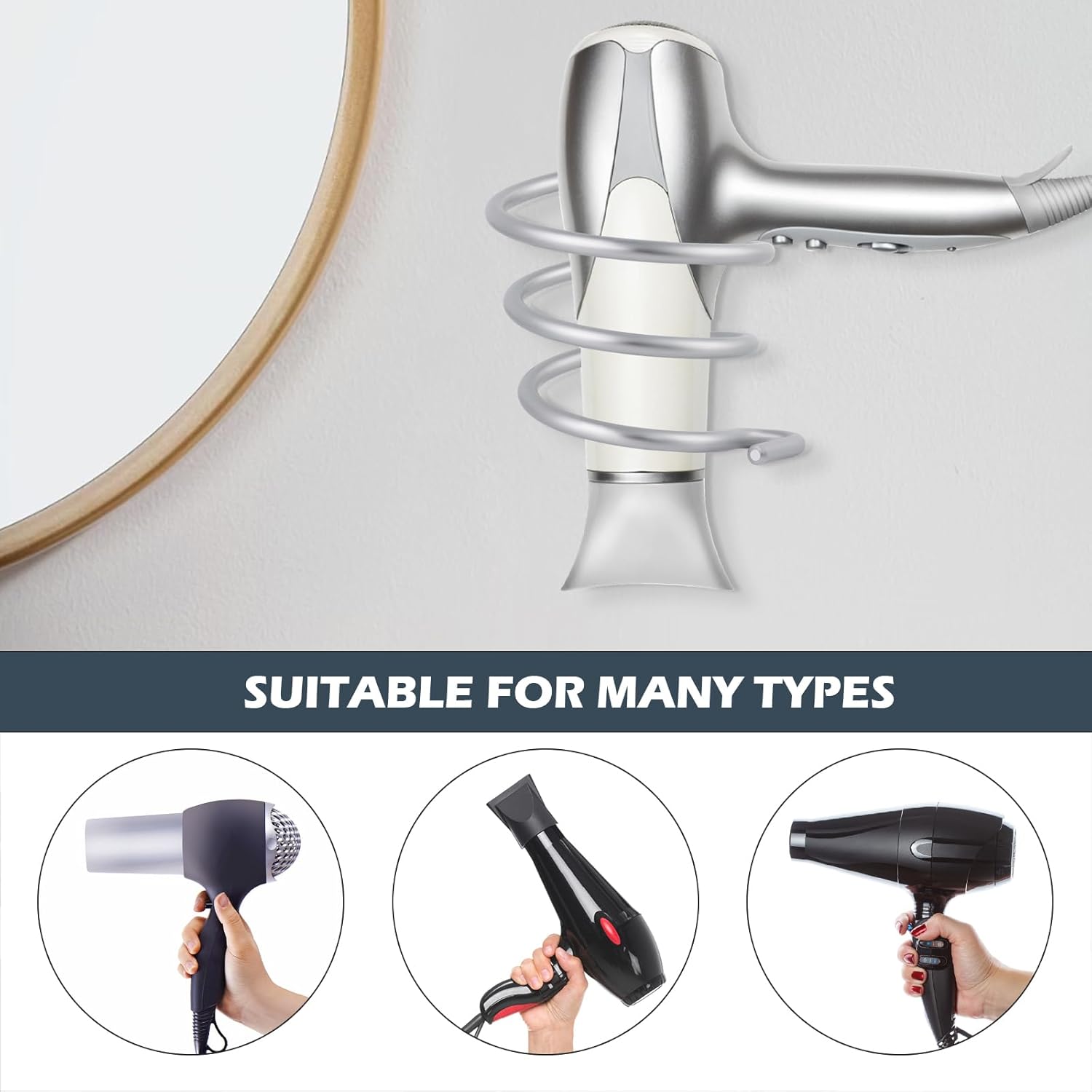Porte sèche cheveux mural en aluminium : support spiralé idéal pour la salle de bain et la cuisine Optimisez votre espace avec ce support élégant et pratique pour un rangement facile – Image 5