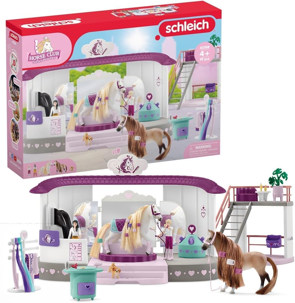 Écurie malette de coiffage avec accessoires de pansage : set de 99 pièces pour enfants de 4 ans et plus, pour des heures de jeu créatif avec des figurines chevaux