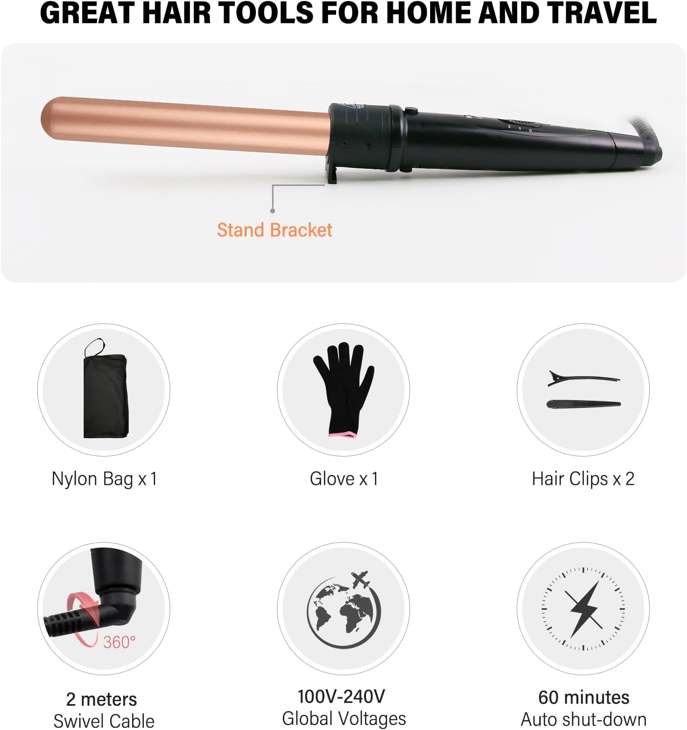 Fer à boucler 5 en 1 : l’outil essentiel pour des coiffures élégantes et variées Pour les passionnées de coiffure, ce boucleur céramique de 10 à 32 mm allie performance et style, avec des températures réglables de 150°C à 210°C, un gant de protection et des accessoires pratiques inclus. – Image 6