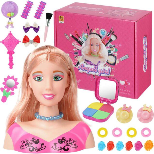 Ensemble de coiffure et maquillage pour enfants : 21 accessoires créatifs avec tête de poupée pour un cadeau amusant et éducatif